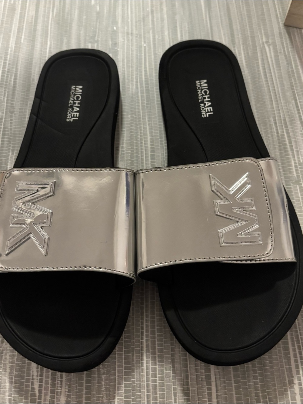 MICHAEL Michael Kors Silver Metallic MK Logo Slide Sandals